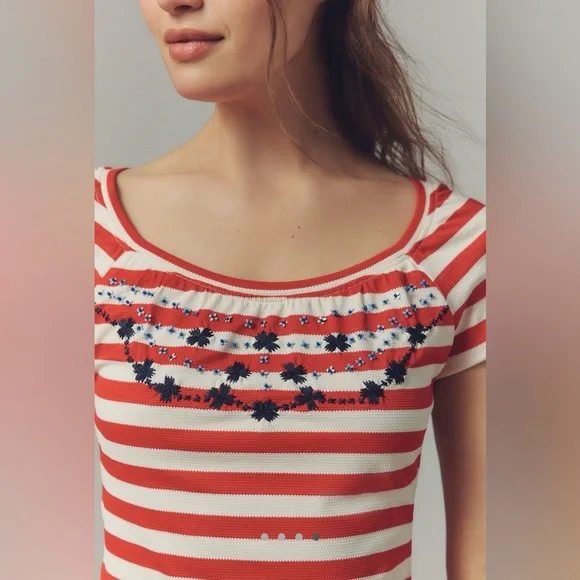 Maeve embroidered flowers scoop neck tee